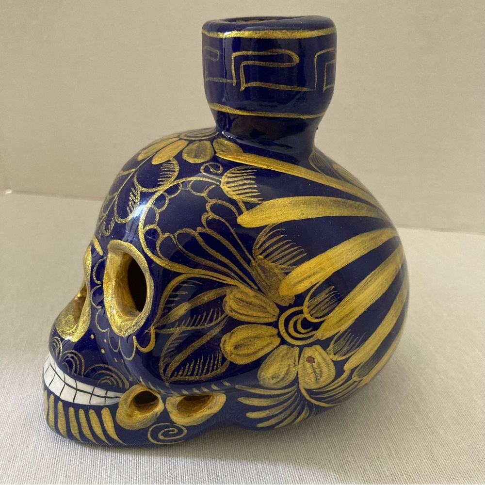 Blue & Gold Ceramic Sugar Skull Vase | Day of the Dead Decor | Hand Painted - Picture 3 of 9